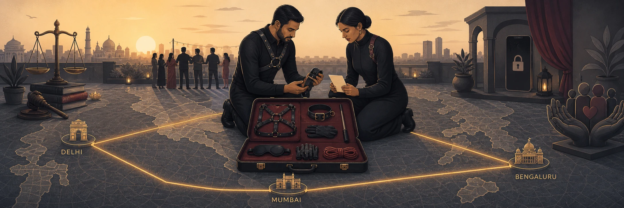 Two adults seated at either end of a long balcony bench in conversation at dusk, rendered as a flat-vector illustration in charcoal and champagne gold