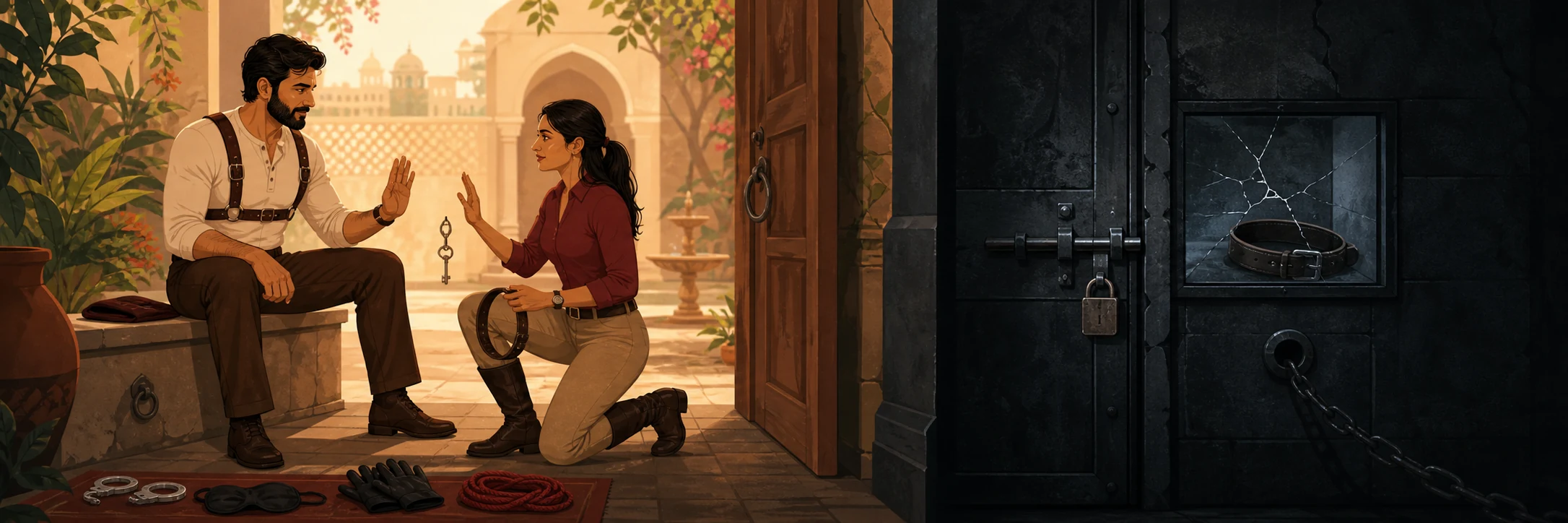 Two doorways side by side in one wide frame: the left standing open with warm gold light and a key within reach, the right bolted shut with only a cold sliver of light